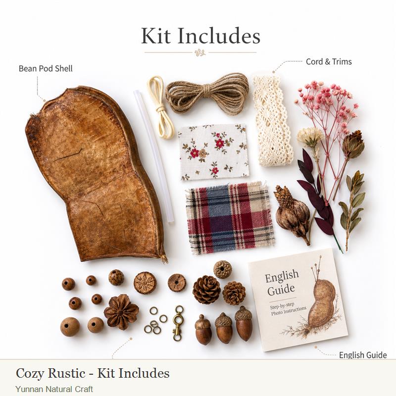 YNC-240624-D056-flatlay D056 Cozy Rustic Bean Pod DIY Craft Materials Kit - Image 3